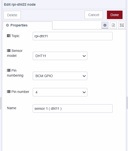 "Screenshot displaying the rpi-dht22 node's configuration for reading data from dht 11 sensor"
